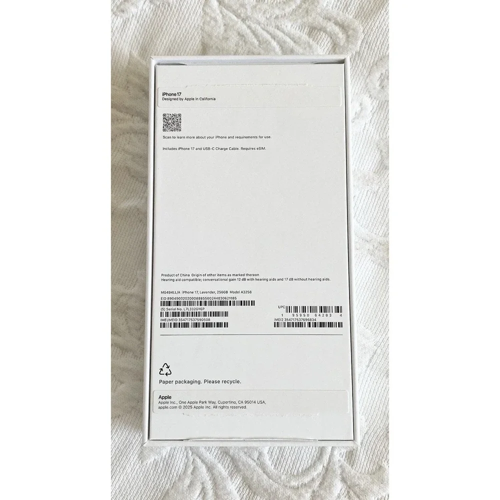 EMPTY BOX ONLY for Apple iPhone 17 256GB Lavender Cell‎ Phone Gift Box